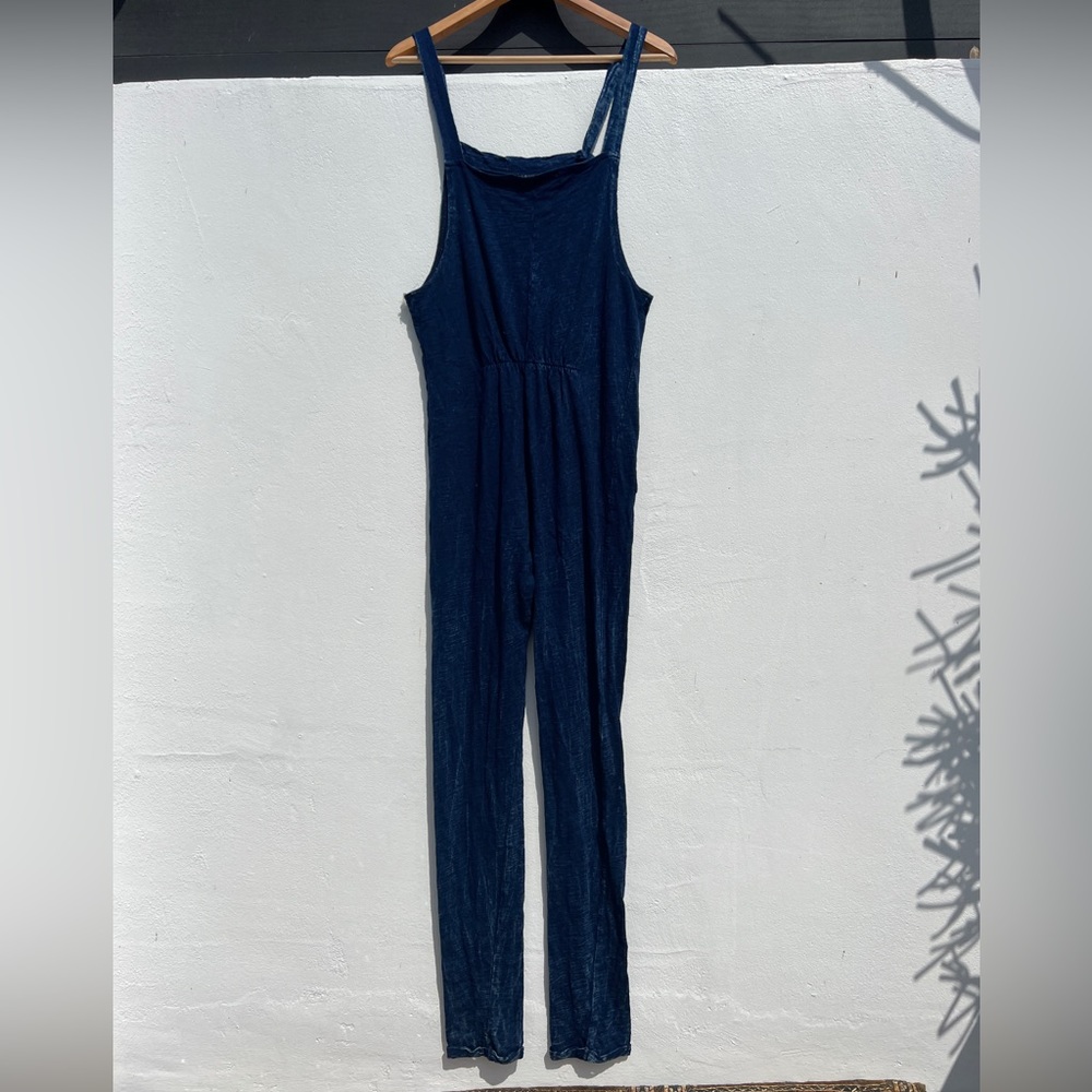 Faded Dark Wash Blue Lightweight Tie Strap Jumpsuit - Picture 7 of 11